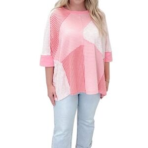 Easel Floral Pink Patchwork Top Women's L Oversized Short Sleeve Boho Blouse